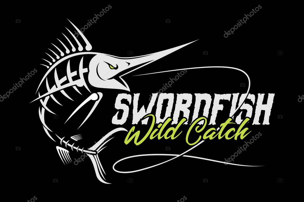 Marlin swordfish fish skull skeleton in modern vintage rustic logo design style template on black dark background vector illustration