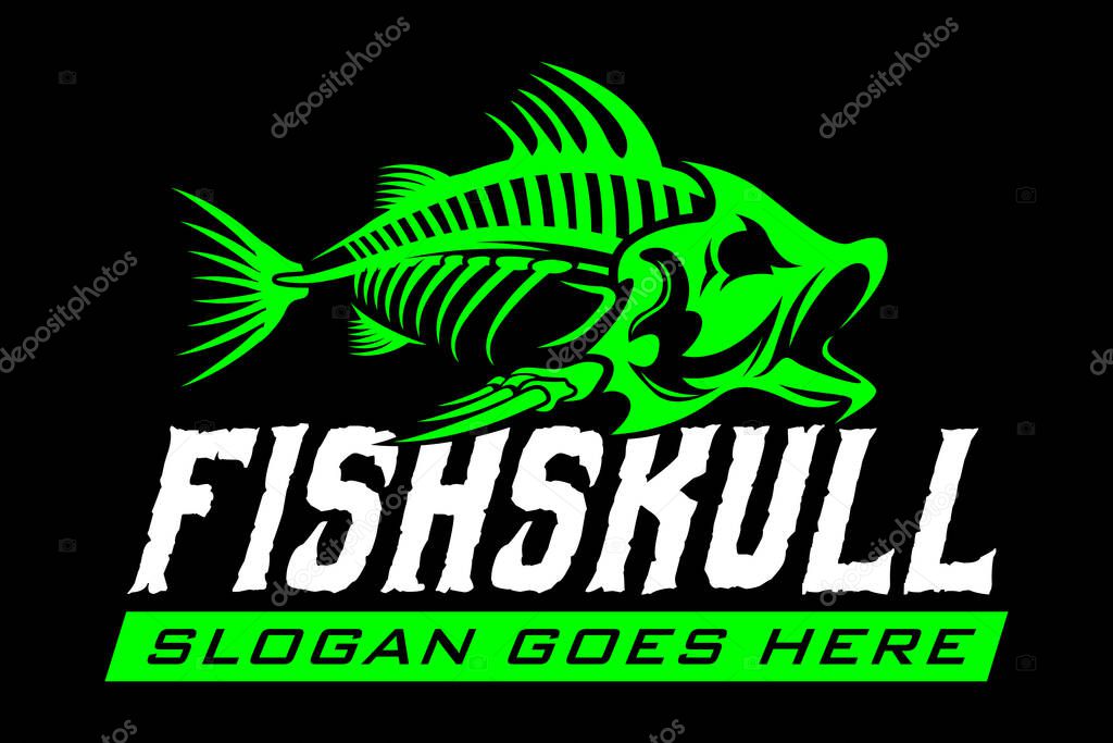 Bass grouper skeleton skull fishing logo on black dark background in modern vintage rustic logo design style template vector illustration