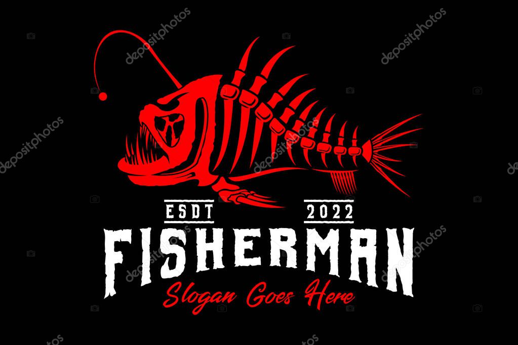 Anglerfish skeleton skull fishing logo on black dark background in modern vintage rustic logo design style template vector illustration