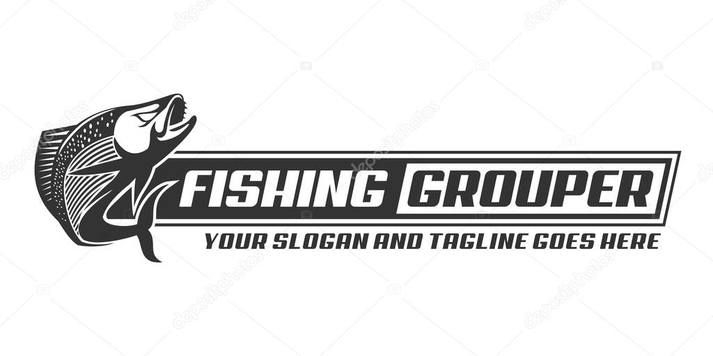 Grouper fish fishing logo, jumping fish design template vector illustration. great to use as your any fishing company logo