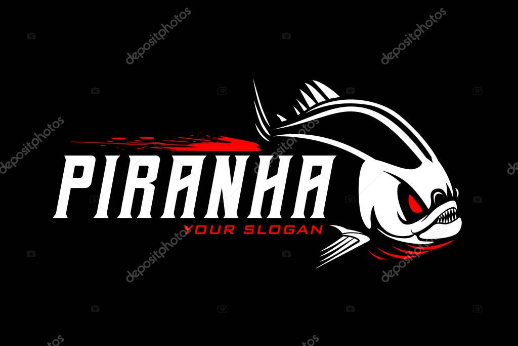 Piranha fish fishing logo on black dark background. modern vintage rustic logo design. great to use as your any fishing company logo