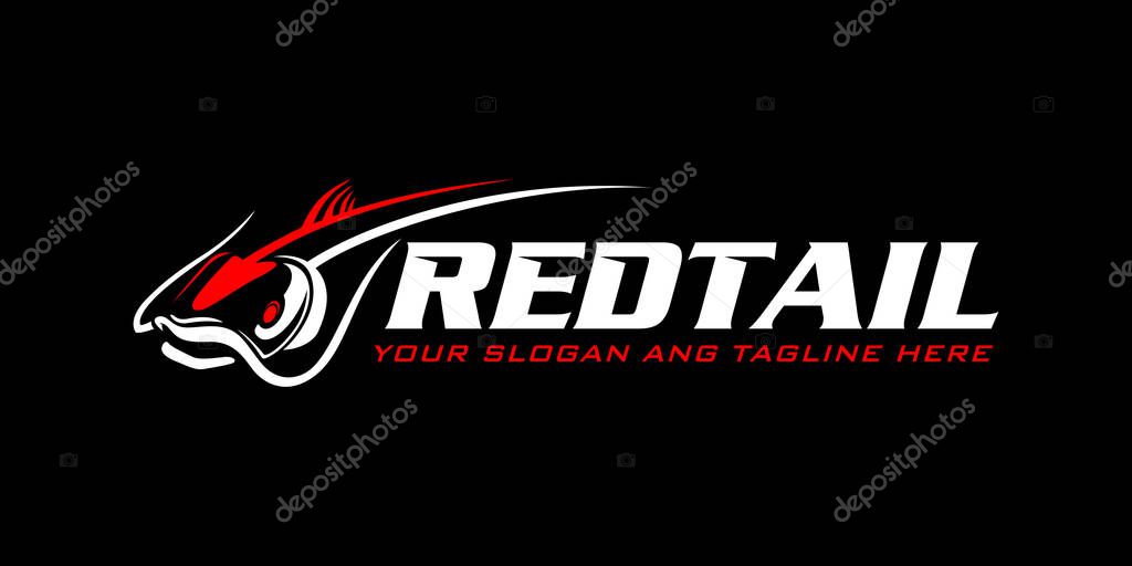 Red Tail cat fish fishing logo on black dark background. modern vintage rustic logo design. great to use as your any fishing company logo