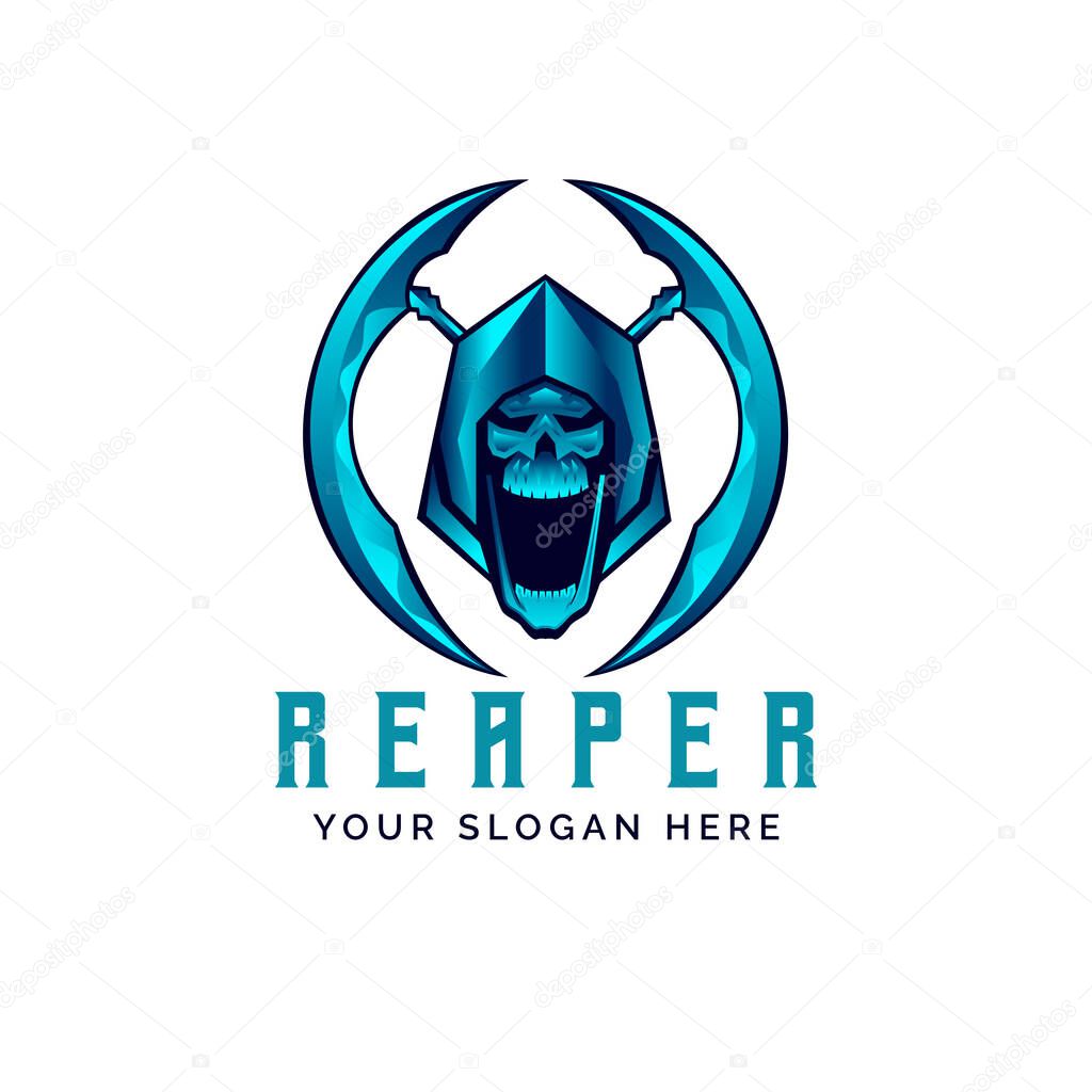 Blue metallic Grim Reaper logo design template vector illustration