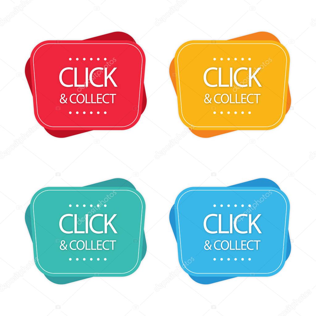 Price tags vector collection. Ribbon sale banners isolated. New collection offers. Discount and new collection tag on ribbon realistic and banner vector with click word.