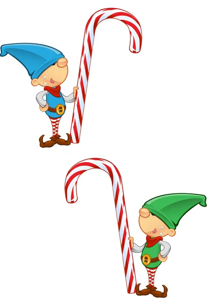 Elf maskot - drží candy cane — Stockový vektor