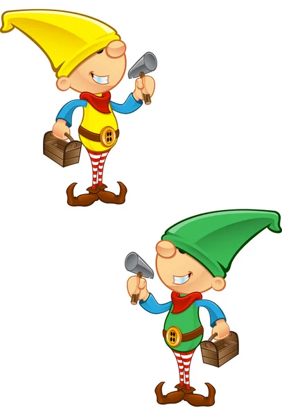 Elf mascotte - hamer en toolbox — Stockvector