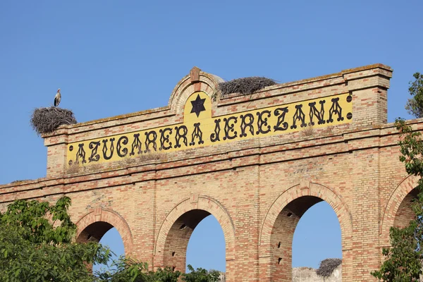 Cegonhas ninhos em cima de uma ruína Sugar Factory, Jerez de la Frontera, Andalus — Fotografia de Stock