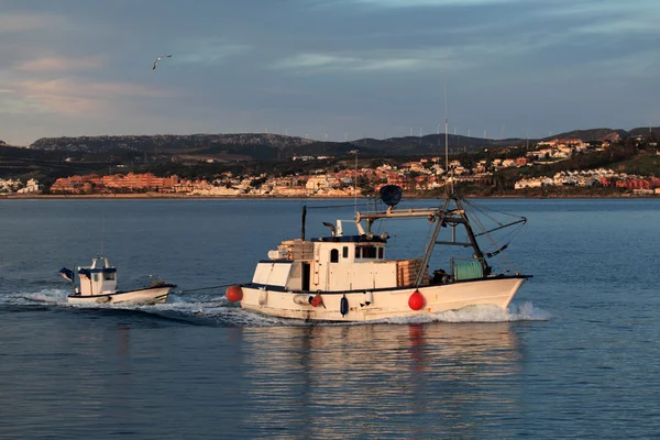 Barca da pesca di ritorno al porto di casa con un sacco di gabbiani. Estepona, Andalusia, Spagna — Foto Stock