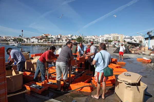 Pescadores no mercado de peixe em Lagos, Algarve, Portugal — Fotografia de Stock