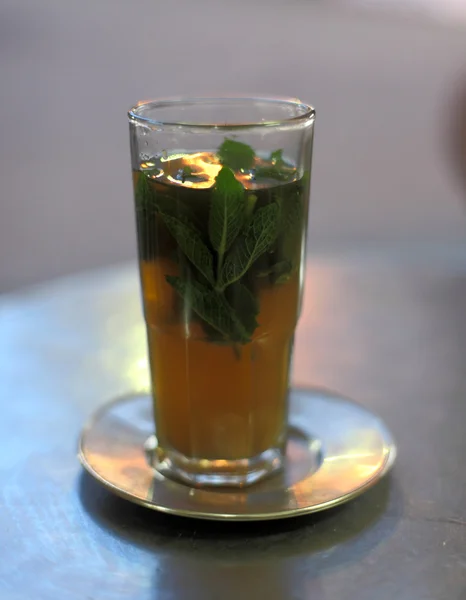 Traditional moroccan mint tea as served in a cafe in Tangier, Morocco — Stock Photo, Image