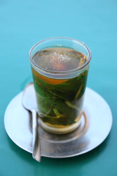 Traditional moroccan mint tea as served in a cafe in Rabat, Morocco — Stock Photo, Image