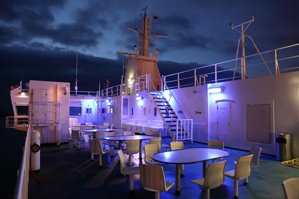 Upper deck of a big ferry boat at night — Stock Photo, Image