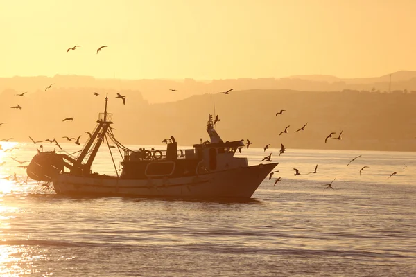 Barco de pesca volviendo a casa. Estepona, Costa del Sol, Andalucía, España —  Fotos de Stock