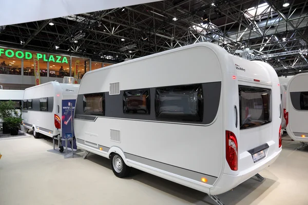 DUSSELDORF - SEPTEMBER 4: Hobby Excellent Caravan at the Caravan Salon Exhibition 2013 on September 04, 2013 in Dusseldorf, Germany. — Stock Photo, Image