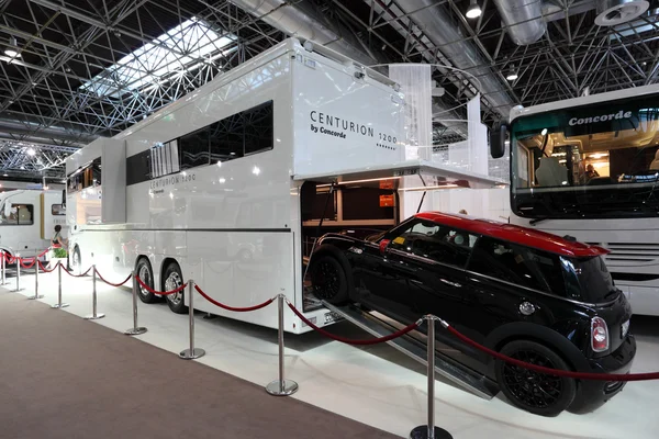 DUSSELDORF - SEPTEMBER 4: Luxury Concorde Camper Van with in built-in garage at the Caravan Salon Exhibition 2013 on September 04, 2013 in Dusseldorf, Germany. — Stock Photo, Image