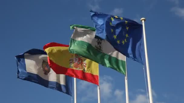 Flags of Andalusia, Malaga, Spain and European Union — Stock Video