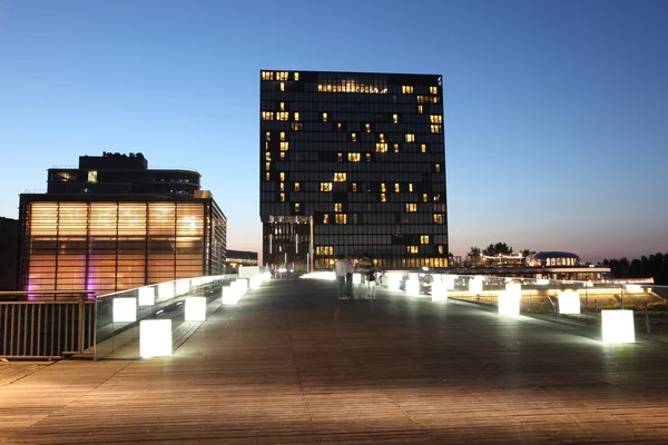 Nocny widok na port Media Düsseldorf (Medienhafen) w Niemczech — Zdjęcie stockowe