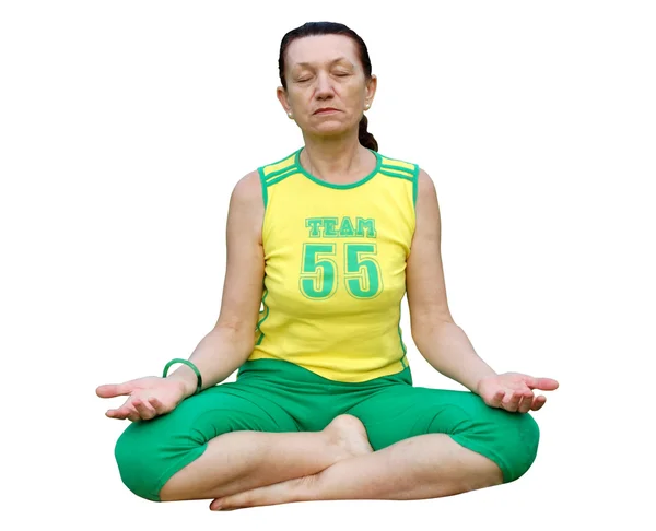 Donna anziana praticare padmasana loto posa — Foto Stock