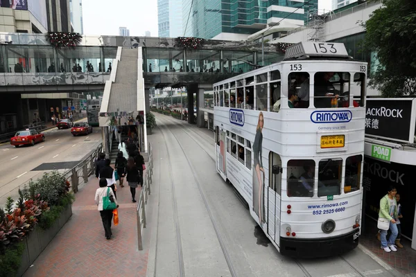 Double decker tramway downtown in Central Hong Kong, China — Stock Photo, Image