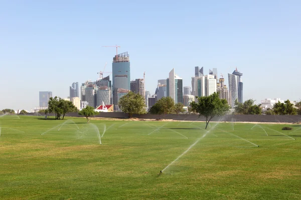 Vista di Doha dal prato verde dietro la città. Qatar, Medio Oriente — Foto Stock