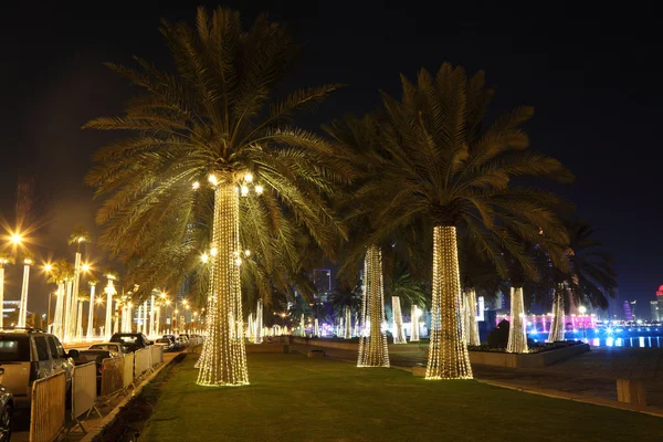 Beleuchtete Palmen an der Corniche von Doha, Katar, Naher Osten — Stockfoto