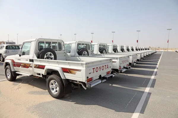 Camionnettes Toyota Land Cruiser neuves primées pour les gagnants de la course de chameaux à Doha, Qatar — Photo