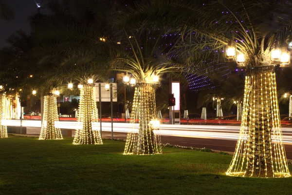 Palmeras iluminadas en la cornisa de Doha. Qatar, Oriente Medio — Foto de Stock