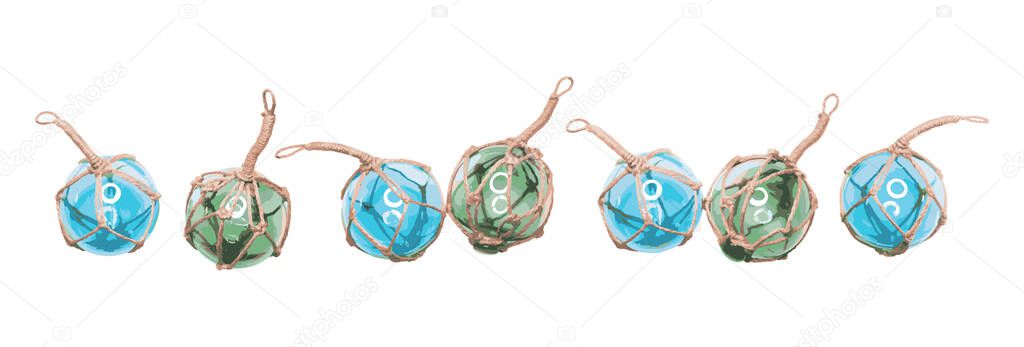 Glass fishing net round buoys. Many of glass spheres with ropes isolated on white background. Scandinavian traditional decor. Vector EPS 10