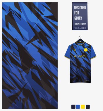 Futbol forması desenli tasarım. Futbol takımı, futbol takımı, bisiklet, e-spor, basketbol, tişört modelleme şablonu için mavi arka planda soyut desen. Kumaş deseni. Soyut arkaplan. Vektör İllüstrasyonu.