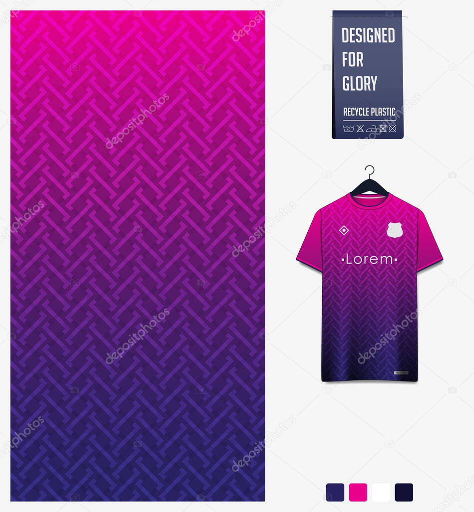 Soccer jersey pattern design. Geometric pattern on violet background for soccer kit, football kit, bicycle, e-sport, basketball, t-shirt mockup template. Fabric pattern. Abstract background. Vector Illustration.
