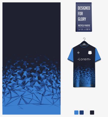 Futbol forması desenli tasarım. Futbol takımı, futbol takımı, bisiklet, e-spor, basketbol, tişört modelleme şablonu için mavi arka planda soyut desen. Kumaş deseni. Soyut arkaplan. Vektör İllüstrasyonu.