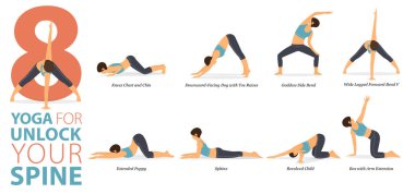Infographic 8 Yoga düz tasarımda omurga konseptine göre evde egzersiz için poz veriyor. Kadınlar vücut esneme egzersizi yapıyor. Fitness bilgisi için yoga duruşu ya da asana. Düz Çizgi film Vektör İllüstrasyonu.
