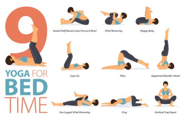 Infographic 9 Yoga, düz tasarımda yatak zamanı kavramında evde egzersiz için poz veriyor. Kadınlar vücut esneme egzersizi yapıyor. Fitness bilgisi için yoga duruşu ya da asana. Düz Çizgi film Vektör İllüstrasyonu.