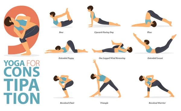Infographie Poses Yoga Pour Entraînement Maison Concept Constipation Dans Design — Image vectorielle