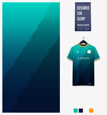 Futbol forması desenli tasarım. Futbol takımı, futbol takımı, bisiklet, e-spor, basketbol, tişört modelleme şablonu için yeşil arka planda soyut desen. Kumaş deseni. Soyut arkaplan. Vektör İllüstrasyonu.