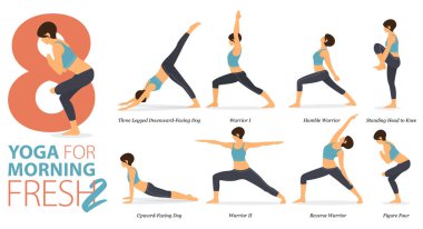Infographic 8 Yoga evde egzersiz için poz veriyor. Düz tasarım sabah konsepti olarak. Kadınlar vücut esneme egzersizi yapıyor. Fitness bilgisi için yoga duruşu ya da asana. Düz Çizgi film Vektör İllüstrasyonu.