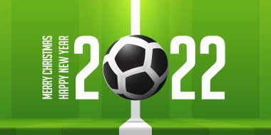 Futbol sahasında futbol topu olan yeni yıl afişleriniz kutlu olsun. Futbol, Futbol, Spor Konsepti 'nde Yeni Yıl dekorasyonu için bir şablon tasarımı. Vektör illüstrasyonu.