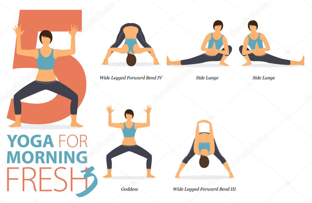 Infographic 5 Yoga poses for workout at home in concept of morning fresh in flat design. Women exercising for body stretching. Yoga posture or asana for fitness infographic. Flat Cartoon Vector Illustration.