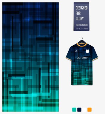 Futbol forması desenli tasarım. Futbol takımı, futbol takımı, bisiklet, e-spor, basketbol, tişört modelleme şablonu için yeşil arka planda geometrik desen. Kumaş deseni. Soyut arkaplan. Vektör İllüstrasyonu.