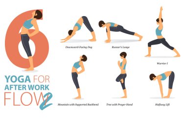 Infographic 6 Yoga, işten sonra düz tasarım konseptinde çalışmak için evde poz veriyor. Kadınlar vücut esneme egzersizi yapıyor. Fitness bilgisi için yoga duruşu ya da asana. Düz Çizgi film Vektör İllüstrasyonu.