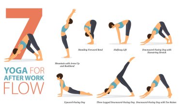Infographic 7 Yoga, işten sonra düz tasarım konseptinde çalışmak için evde poz veriyor. Kadınlar vücut esneme egzersizi yapıyor. Fitness bilgisi için yoga duruşu ya da asana. Düz Çizgi film Vektör İllüstrasyonu.
