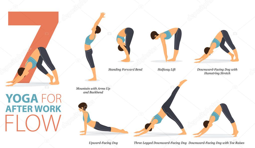 Infographic 7 Yoga poses for workout at home in concept of after work flow in flat design. Women exercising for body stretching. Yoga posture or asana for fitness infographic. Flat Cartoon Vector Illustration.