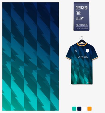 Futbol forması desenli tasarım. Futbol takımı, futbol takımı, bisiklet, e-spor, basketbol, tişört maketi şablonu için yeşil zig zag deseni. Kumaş deseni. Soyut arkaplan. Vektör İllüstrasyonu.