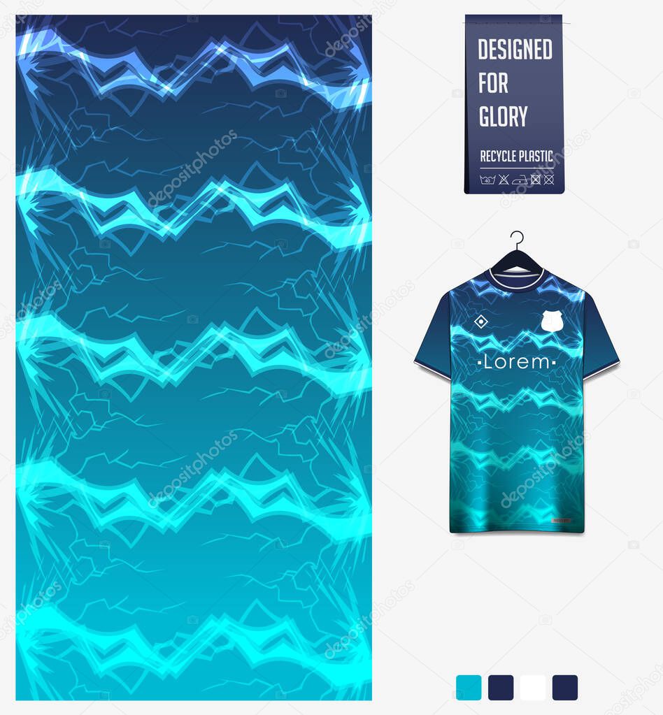 Soccer jersey pattern design. Lightning pattern on blue background for soccer kit, football kit, bicycle, e-sport, basketball, t-shirt mockup template. Fabric pattern. Abstract background. Vector Illustration.