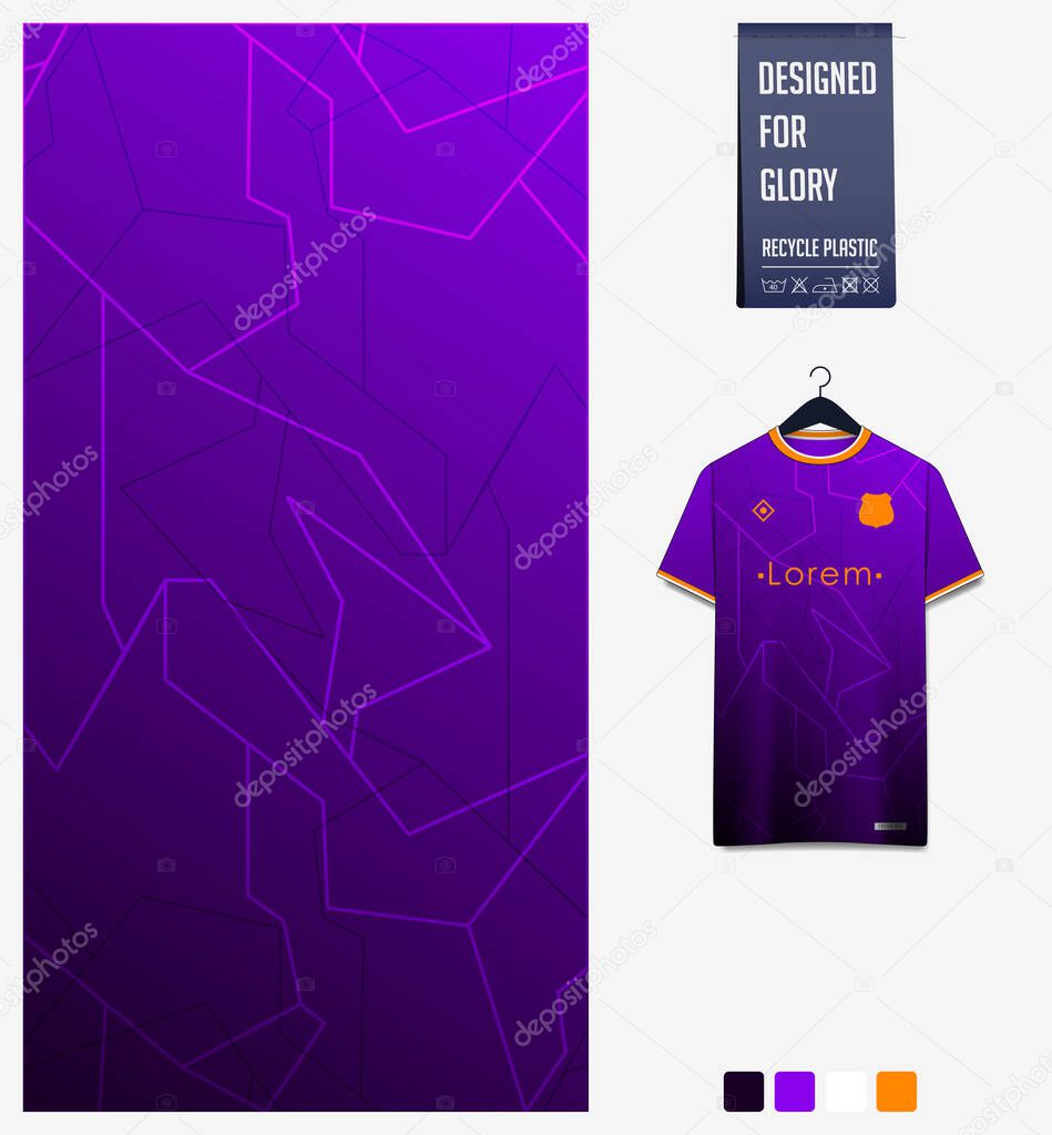 Soccer jersey pattern design. Mosaic pattern on violet background for soccer kit, football kit, bicycle, e-sport, basketball, t-shirt mockup template. Fabric pattern. Abstract background. Vector Illustration.