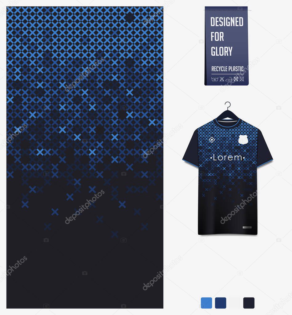 Soccer jersey pattern design. Cross pattern on blue background for soccer kit, football kit, bicycle, e-sport, basketball, t-shirt mockup template. Fabric pattern. Abstract background. Vector Illustration.