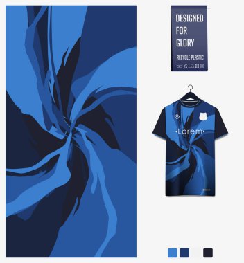 Futbol forması desenli tasarım. Futbol takımı, futbol takımı, bisiklet, e-spor, basketbol, tişört maketi şablonu için mavi arka planda girdap deseni. Kumaş deseni. Soyut arkaplan. Vektör İllüstrasyonu.
