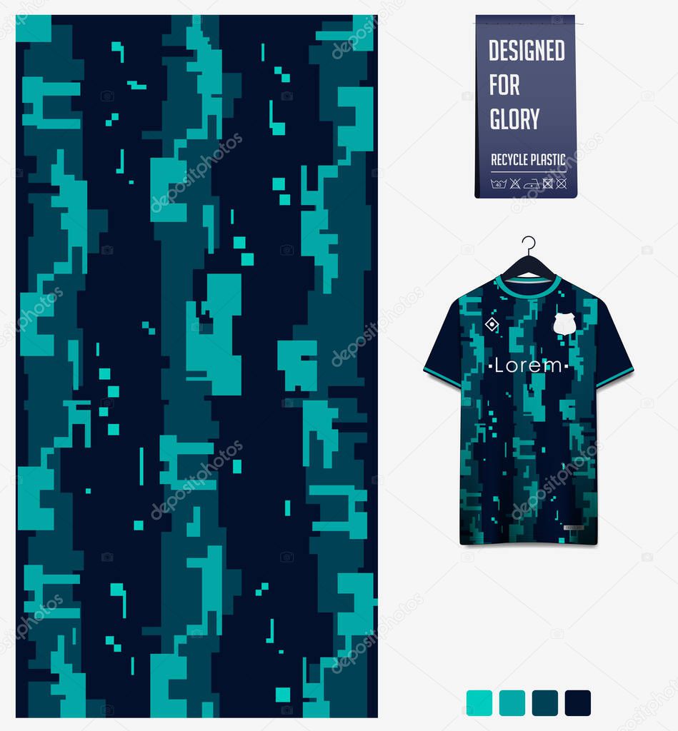 Soccer jersey pattern design. Pixel pattern on green background for soccer kit, football kit, bicycle, e-sport, basketball, t-shirt mockup template. Fabric pattern. Abstract background. Vector Illustration.