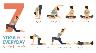Infographic 7 Yoga, düz tasarımda günlük esneme kavramında evde egzersiz için poz veriyor. Kadınlar vücut esneme egzersizi yapıyor. Fitness bilgisi için yoga duruşu ya da asana. Düz Çizgi film Vektör İllüstrasyonu.