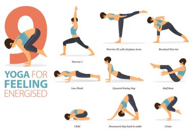 Infographic 9 Yoga, düz tasarımla enerji dolu konsept olarak evde egzersiz için poz veriyor. Kadınlar vücut esneme egzersizi yapıyor. Fitness bilgisi için yoga duruşu ya da asana. Düz Çizgi film Vektör İllüstrasyonu.